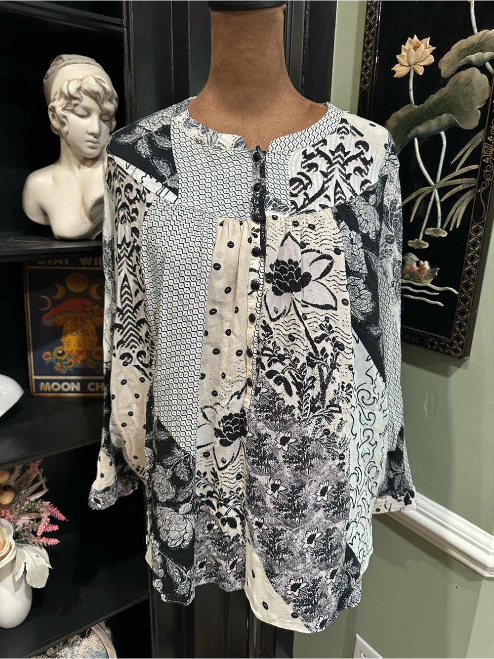 Anthropologie Maeve Linden Patchwork Blouse Black White Boho Tunic Top Size S